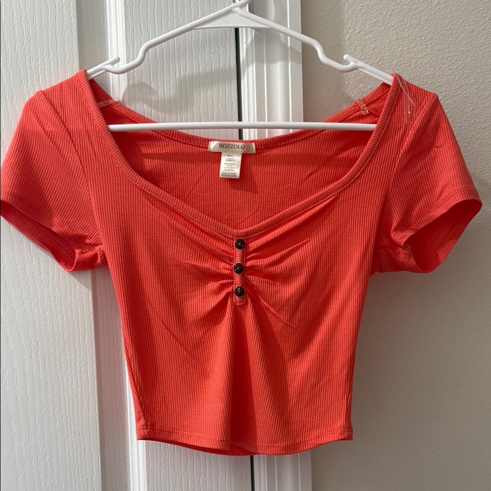 Red Cropped Top with Button Detail